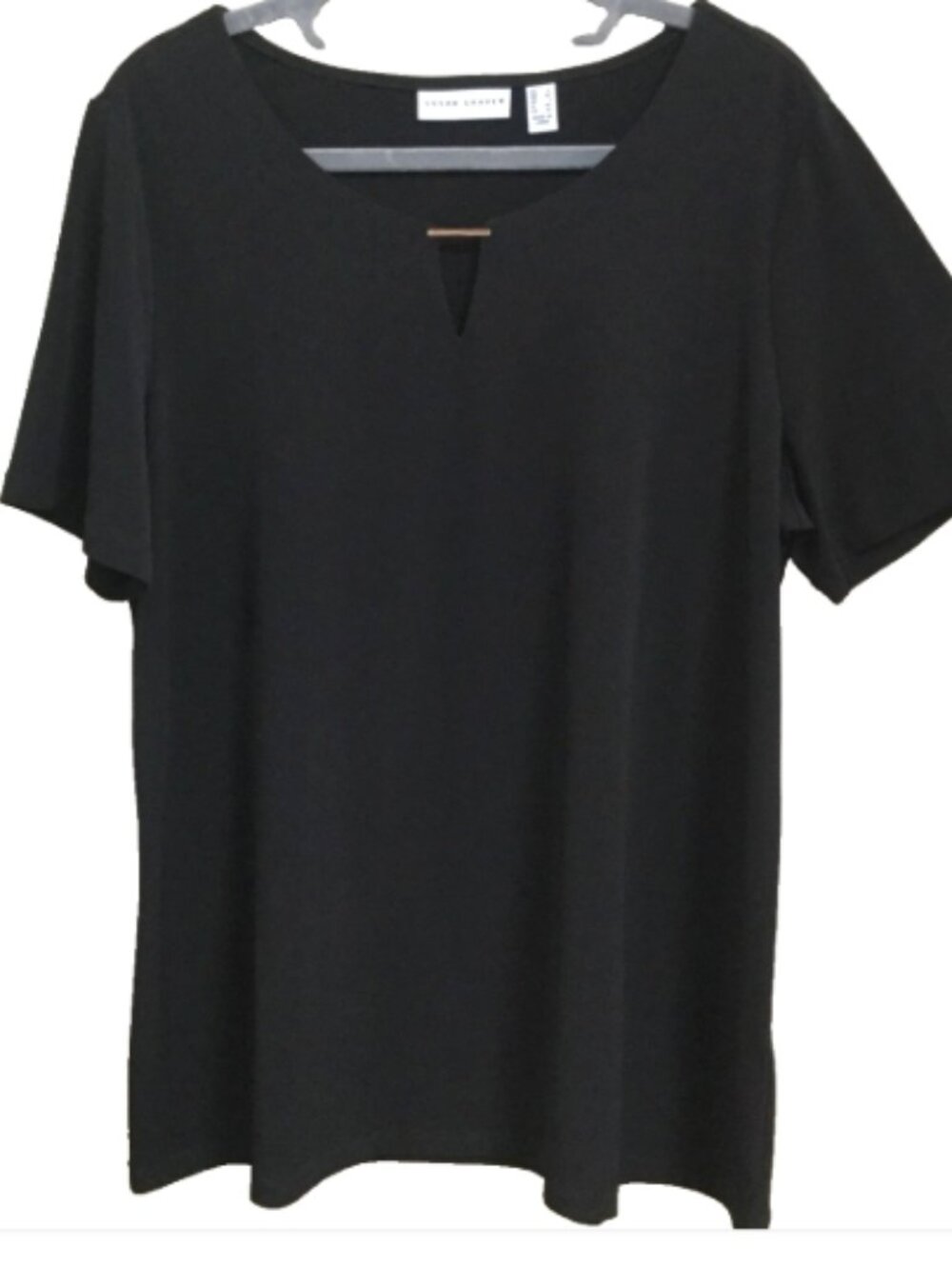 Susan Graver Women Size L Top Blouse Black Liquid Knit Short Sleeve A379117